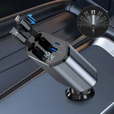 Intrekbare 4-in-1 Auto-USB-Ladegerät, 66 W, USB-C, für iPhone & Samsung