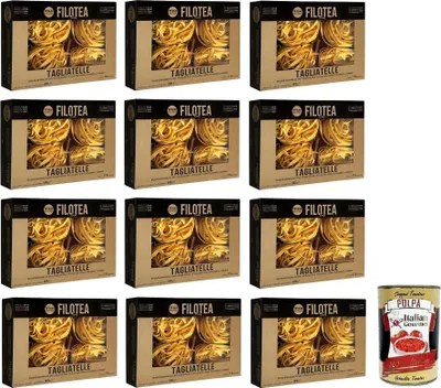 Produktbild von 12x Filotea Tagliatelle Pasta all'Uovo,Eiernudeln aus italienischen Rohstoffen,Packung mit 500g + Italian Gourmet Polpa di Pomodoro 400g Dose