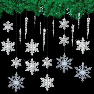 Immagine prodotto di Set da 42 pezzi di fiocchi di neve e cristalli di ghiaccio in acrilico trasparente, ideali per decorazioni natalizie