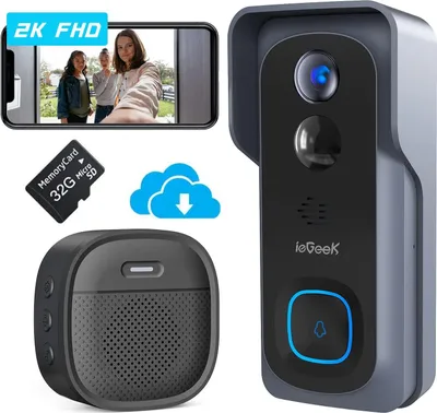 Produktbild von ieGeek 2K Video Türklingel mit Kamera und 32GB SD-Karte, Wlan Funkklingel Wasserfest mit Gong, Klingel Haustür mit PIR Personenerkennung,166° Blickwinkel, Zwei-Wege-Audio, SD|Cloud-Speicher, IP66