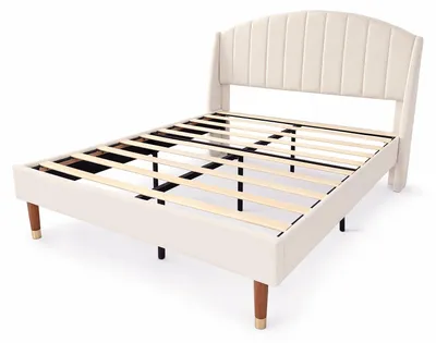 Produktbild von Gepolstertes Bett - Doppelbett 140 x 190 cm - Lattenrost - Kopfteil - Samtbezug - Stauraum - Beige