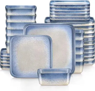 Image de Plaque carrée en céramique Nevel - Lot de 12 grandes plaques - Lot de 12 petites plaques - 12 pièces - 36 pièces - Blanc - Bleu
