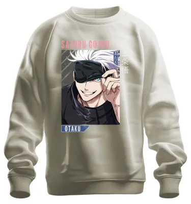 Imagen del producto de Sudadera con cuello redondo, uni, con diseño de Satoru Gojo de Jujutsu Kaisen. Estilo anime/otaku, con antifaz, pelo blanco. Talla M