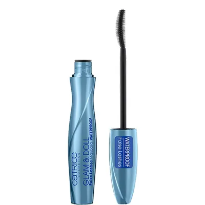 A blue mascara tube and wand are shown against a white background.