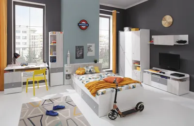 Produktbild von Schlafzimmer Set – COMO System – 6 Teile – Kleiderschrank – REGAL – Bett – Regalschrank – TV Lowboard – Schreibtisch – Sonoma / Grau – Ohne Matratze