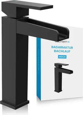 Produktbild von Bächlein Wasserhahn hoch fürs Bad in Bachlauf-Design, extra hoher Einhebelmischer mit Montage-Set für Aufsatzwaschbecken, Badarmatur Schwarz