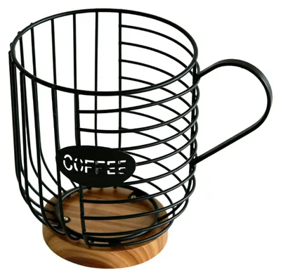 Image de Panier métallique pour capsules de café avec base en bois, grande capacité, pour ranger les capsules de café sur le plan de travail de la cuisine ou au bureau. Couleur : noir