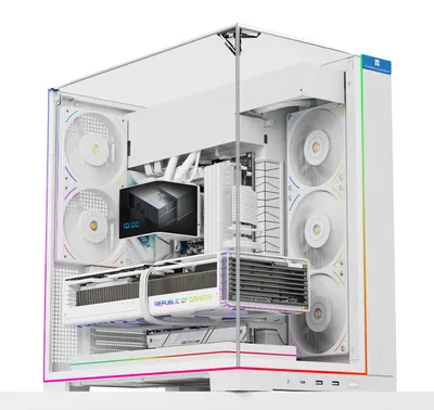 Produktbild von TR A70 ARGB weißes ATX Gaming-Gehäuse, dreiseitiges säulenlosem Panoramaglas-Panel, 8 Lüfterplätze, 4-Wege-Luftzirkulation, werkzeuglose vertikale Fallschutz & panoramische ARGB-Lichtleiste. – A70 ARG