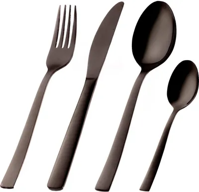 A set of black cutlery, including a fork, knife, and two spoons, arranged diagonally against a white background.