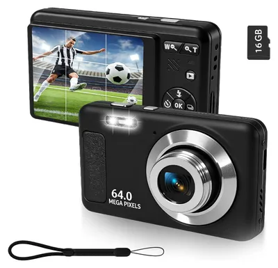 Produktbild von ZELURXX 64MP Mini-Digitalkamera, Momente jederzeit festhalten, mit 16-fach Zoom, 2,4 Zoll Display, 9 Aufnahmemodi, 32 GB, Schwarz