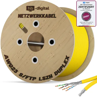 Produktbild von hb-digital 500m Netzwerkkabel CAT 7 Duplex max.1000 MHz S/FTP LSZH AWG23 gelb