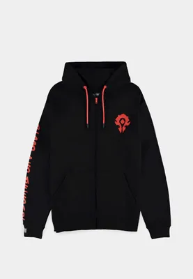 A black zip-up hoodie with red accents and a red logo on the chest.