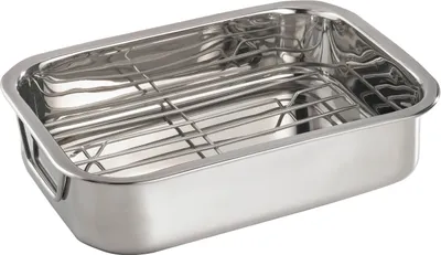 A stainless steel roasting pan with a wire rack insert.