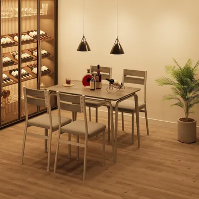 Immagine prodotto di Tavolo da pranzo con 4 sedie imbottite, set da pranzo grigio e bianco, struttura in metallo, MDF, dimensioni 110x70x76 cm