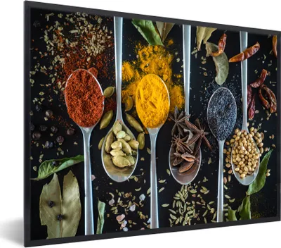 Produktbild von MuchoWow® MuchoWow® Gerahmtes Poster Löffel - Gewürze - Kräuter - Lebensmittel - Tisch 80x60 cm - Poster mit zchwarzem Bilderrahmen - Schwarzem - Mit Gestell