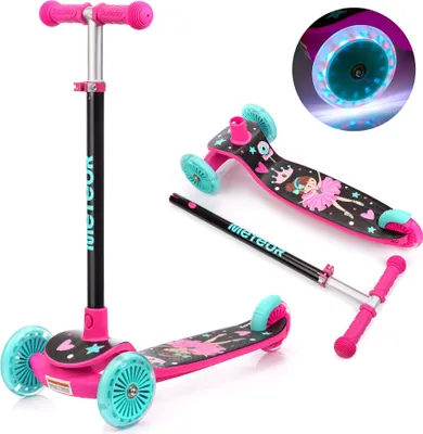A three-wheeled scooter for children, with a pink frame and turquoise wheels, decorated with ballet dancer graphics. The scooter has LED lights in the wheels.