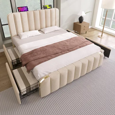 Produktbild von Polsterbett 140x200 cm mit 4 Schubladen & USB Type-C, Bettgestell mit Lattenrost, Beige Leinen-Optik, Stabil Metallrahmen, Belastbarkeit 181kg, Design Bettrahmen für Schlafzimmer