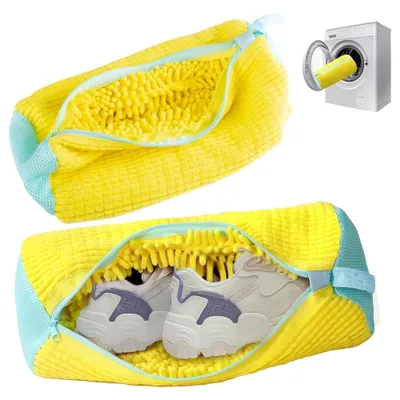 Produktbild von IntiMeg 2 Stück schuhwaschbeutel waschmaschine, Sportschuhwaschbeutel mit 360° Reinigungsvlies und Reißverschluss, 39*20cm, Gelb