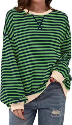 Image de ASKSA Femme Sweatshirt Oversized Rayé Couleur Bloc Col Rond Manches Longues Hauts Automne Y2K Shirt (Gris Foncé,M)