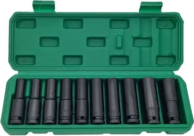 Imagen del producto de Juego de 10 vasos de 1/2" para llaves de tuercas hexagonales, de 10 mm a 24 mm, para uso con llaves de impacto, taladros neumáticos y llaves eléctricas