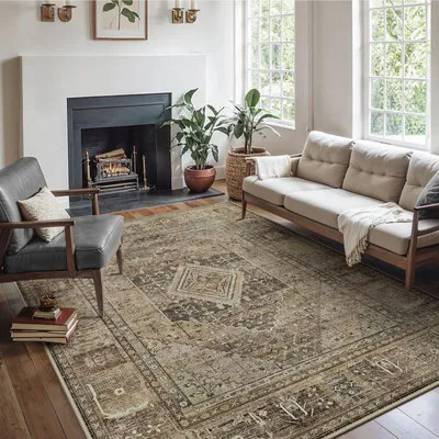 Boho Vintage Teppich 200x290 cm, waschbar, rutschfest, Kurzflor