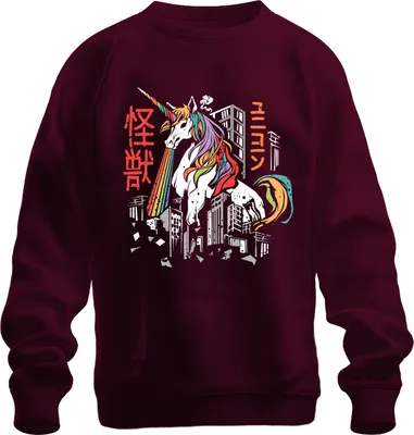 Produktbild von Einhorn Regenbogen Kaiju Monster Stadt Zerstörung ユニコーン 怪獣 Retro Uni Sweatshirt Pullover, Burgundy, M