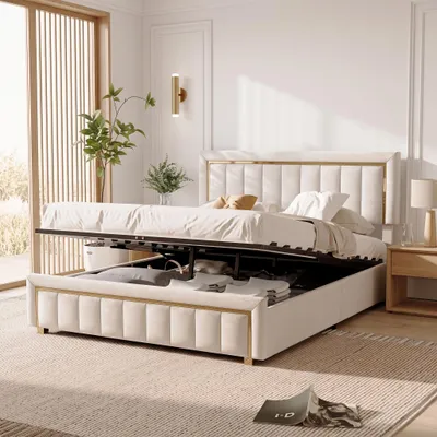 Obrázok produktu pre Postel s pružinovou základňou INONEFT, čalúnená posteľ 140x200 cm s úložným priestorom, posteľ s úložným priestorom pre dvojlôžko, hydraulická posteľ s roštom, materiál: zamat, farba: béžová