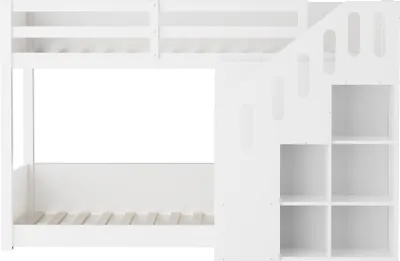 Produktbild von Flieks Etagenbett 90x200cm mit Stauraumtreppe, Kinderbett mit Rausfallschutz und Lattenrost, Hochbett mit Ablagen, Stockbett 2 Kinder, Weiß