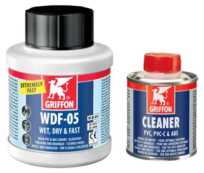 Produktbild von HAF - Griffon PVC-U Kleber WDF-05 in 250ml Dose + Griffon PVC Reiniger / Cleaner 125ml | Spezialkleber & Spezialreiniger für Montage von PVC Rohr