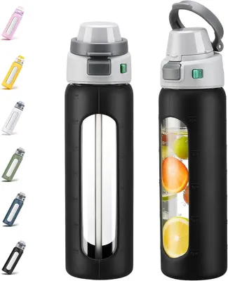 Obrázek produktu pro Skleněná láhev na pití o objemu 700 ml, s brčkem, odolná, bez BPA, černá, vhodná pro sport