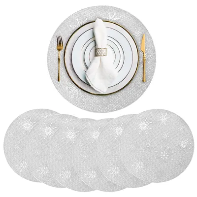 6er-Set runde Weihnachtsplatzsets, PVC, Schneeflocken, Silber