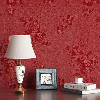 Zdjęcie produktu dla Tapeta o wymiarach 40 cm x 6 m, ciemnoczerwona, strukturalna, z motywem vintage i kwiatami