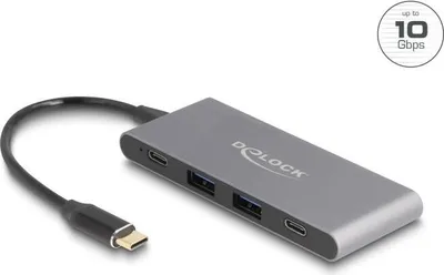 Produktbild von DeLOCK 4 Port USB Type-C Hub mit 2 x USB Typ-A und 2 x USB Type-C 10 Gbps, USB 3.2 Gen 2 (3.1 Gen 2) Type-C, USB 3.2 Gen 2 (3.1 Gen 2) Type-A, USB 3.2 Gen 2 (3.1 Gen 2) Type-C, 10000 Mbit/s, Grau, Aluminium, 15 W