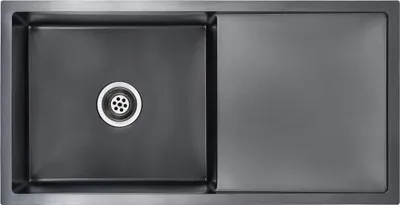 A top-down view of a black stainless steel kitchen sink with a drain.