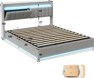 Zdjęcie produktu dla Rama łóżka, aksamitna tkanina, oświetlenie LED, szary – 140 x 190 cm