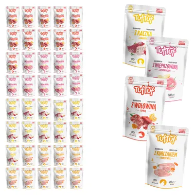 Obrázek produktu pro TufTuf | Mokré krmivo pro psy, pasteta, mix 4 příchutí - krmivo pro psy, sáčky, 40x500 g - bez obilovin - s obsahem zeleniny a ovoce - 65% podíl masa