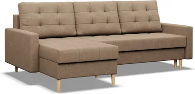 A brown sectional sofa with a chaise lounge is shown against a white background.