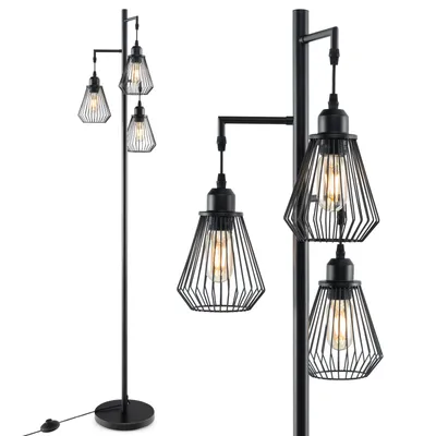 A black floor lamp with three cage-style lampshades is shown against a white background.