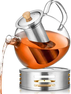 Produktbild von Deleca Glasteekanne 1,5 L mit Sieb & Warmhalter - Borosilikatglas & Edelstahlfilter - Teekanne mit Teelicht‑Warmhalter