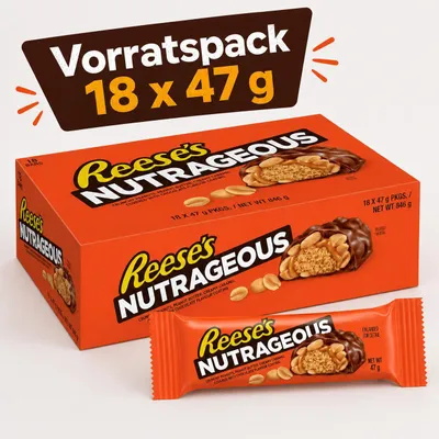 Produktbild von Reese’s Nutrageous 18 × 47 g | Erdnussbutter-Karamell-Riegel mit Erdnüssen | 846 g Vorratspack
