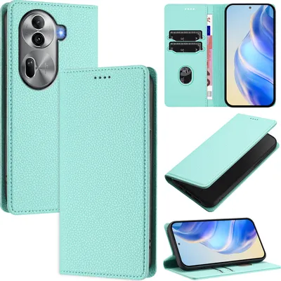 Produktbild von Litchi Leder Handyhülle für Oppo Reno11 Pro Wallet Kartenfächer Standfunktion Hülle Türkis