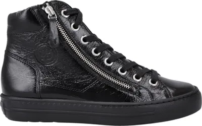 A black leather high-top sneaker with a side zipper.