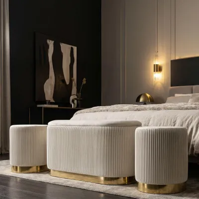 Immagine prodotto di Panca con contenitore e pouf in velluto crema e metallo oro
