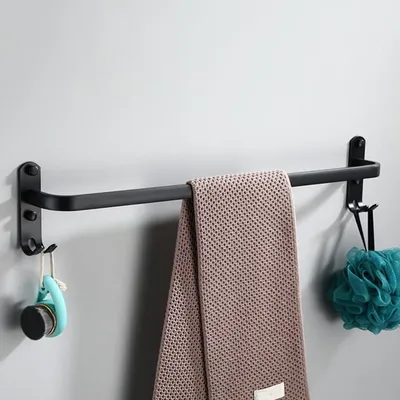 Image de Porte-serviettes mural noir en aluminium avec crochets, 40 cm