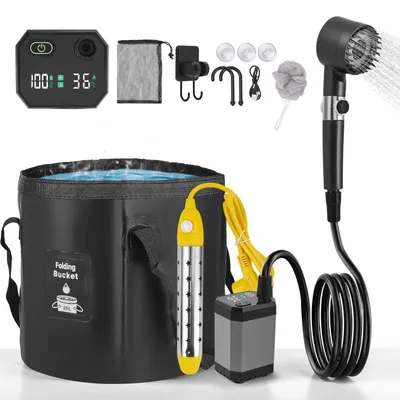 Produktbild von Sonnendusche mit Heizung - Campingdusche - Aufladbar - Duschkopf - Faltbare Eimer - 20 Liter