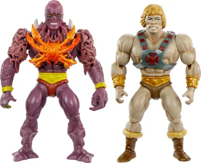 Two action figures, He-Man and Vecna, are shown standing side-by-side against a white background.