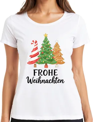 Produktbild von FROHE Weihnachten Weihnachtsbaum Tannenbaum Zuckerstange Lebkuche Damen T-Shirt, Weiß, 3XL