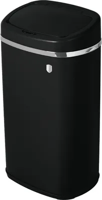 A black automatic trash can with a silver trim and a small logo on the front.
