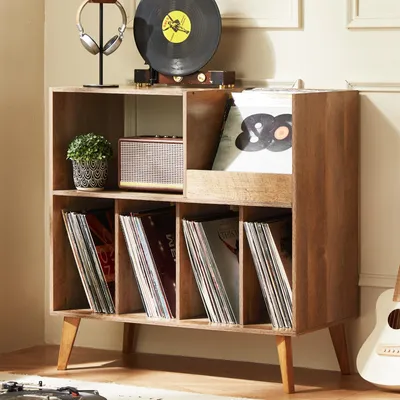 Productafbeelding van Grote platenstandaard met opbergruimte, platenstandaard met plank, vinylplatenstandaard voor maximaal 300 albums