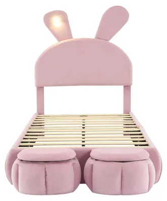 Immagine prodotto di Letto per bambini - Letto singolo - Letto per ragazzi - Divano letto - Letto per bambini con cassetti - Rosa con orecchie a coniglio
